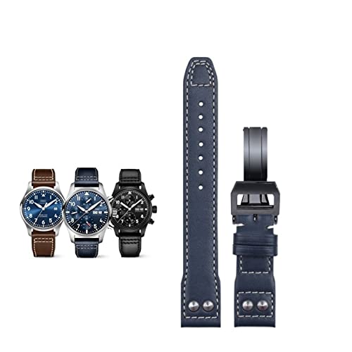 SAAWEE 20 mm weiches Echtleder-Nietenarmband für IWC-Armband für Big PILOT Mark 18 Portofino-Zubehör(Blue Blk buckle) von SAAWEE