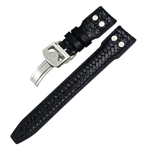 SAAWEE 20mm 21mm 22mm Nietengewebtes Echtleder-Uhrenarmband für IWC Big Pilot Portugieser Pilot IW3777 Rindsleder-Uhrenarmband(Black Silver Round,20mm) von SAAWEE
