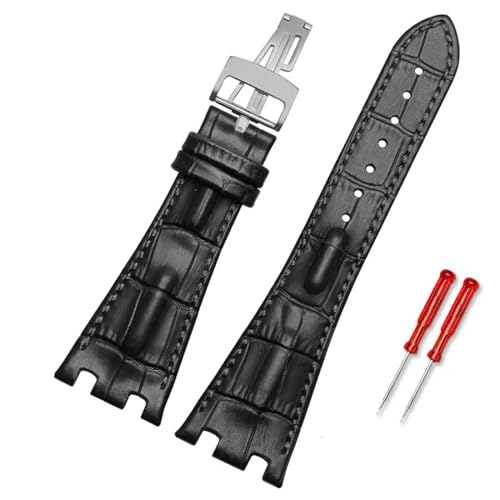 SAAWEE Leder-Uhrenarmband für Herren, geeignet für AP Abbey Royal Oak AP15710 15703, Leder-Uhrenkette mit Kerbe, 28 mm(Black silver,Silver Buckle) von SAAWEE