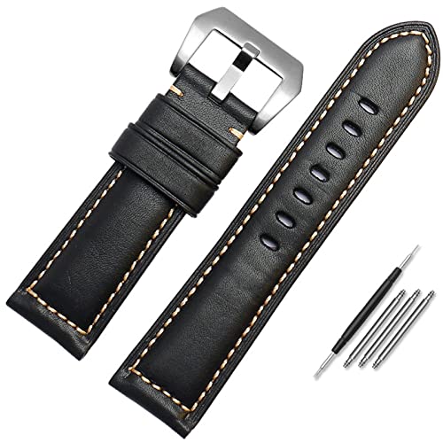 SAAWEE Leder-Uhrenarmband für Herren, geeignet für Panerai Seiko Citizen Jeep italienische Leder-Uhrenkette 22 mm 24 mm 26 mm Uhrenarmbänder(Black Silver,24mm) von SAAWEE