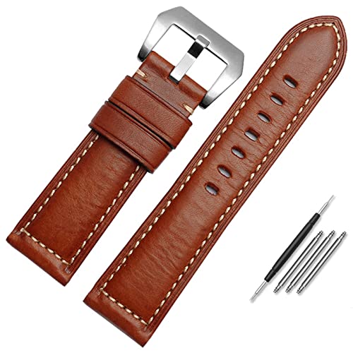 SAAWEE Leder-Uhrenarmband für Herren, geeignet für Panerai Seiko Citizen Jeep italienische Leder-Uhrenkette 22 mm 24 mm 26 mm Uhrenarmbänder(Brown Silver,26mm) von SAAWEE
