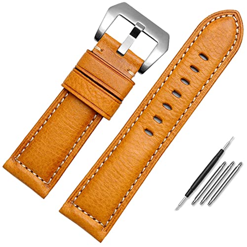 SAAWEE Leder-Uhrenarmband für Herren, geeignet für Panerai Seiko Citizen Jeep italienische Leder-Uhrenkette 22 mm 24 mm 26 mm Uhrenarmbänder(Yellow Silver,26mm) von SAAWEE