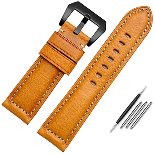 SAAWEE Leder-Uhrenarmband für Herren, geeignet für Panerai Seiko Citizen Jeep italienische Leder-Uhrenkette 22 mm 24 mm 26 mm Uhrenarmbänder(Yellow black,26mm) von SAAWEE