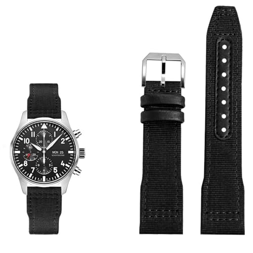 SAAWEE Nylon-Leder-Uhrenarmband, 20 mm, 21 mm, 22 mm, passend für IWC Le Petit Prince Big Pilot IW3777, schwarzes Sport-Canvas-Uhrenarmband(Black silver pin,20mm) von SAAWEE
