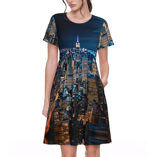 New York Night Print Elegant Flowy Kleider für Damen, kurzärmeliges Maxikleid, perfekt für Sommer und Frühling, Schwarz , L von SABFWF