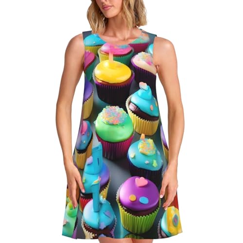 SABFWF Bunter Happy Birthday Cupcakes Print Damen ärmelloses Kleid, Sommerkleid, knielang, lässiger Rundhalsausschnitt, Seitentaschen, Schwarz , XXL von SABFWF