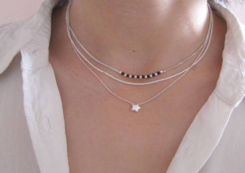 Dreireihige Sternenkette Halskette Aus 925Er Sterlingsilber Mehrreihige Kette Zarte Geschenk Für Frauen Silberkette Weihnachtsgeschenk von SABLEBLANCBIJOUX