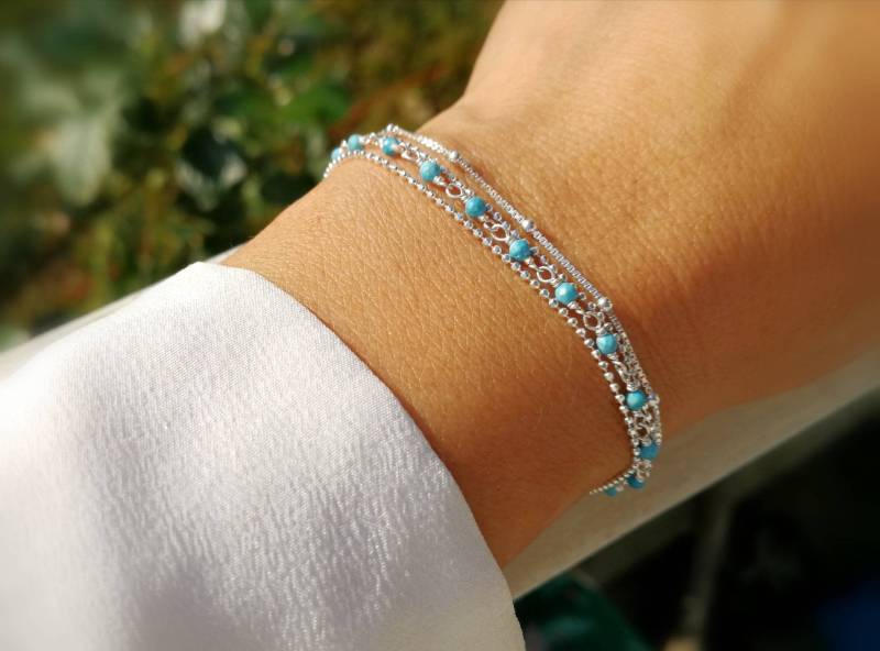 Mehrreihiges Silberarmband Schmale Armspange Türkisarmband Geschenk Für Frauen Aus Sterlingsilber Weihnachtsgeschenk von SABLEBLANCBIJOUX