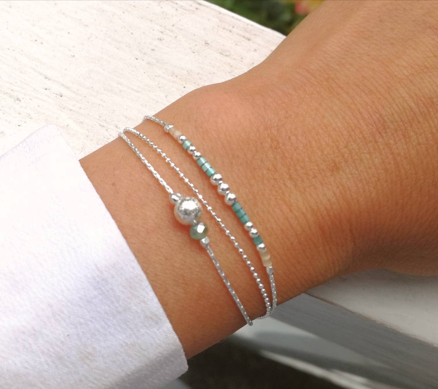 Perlenarmband Armband Aus 925Er Sterlingsilber Dreireihiges Geschenk Für Frauen Armreif Weihnachtsgeschenk von SABLEBLANCBIJOUX