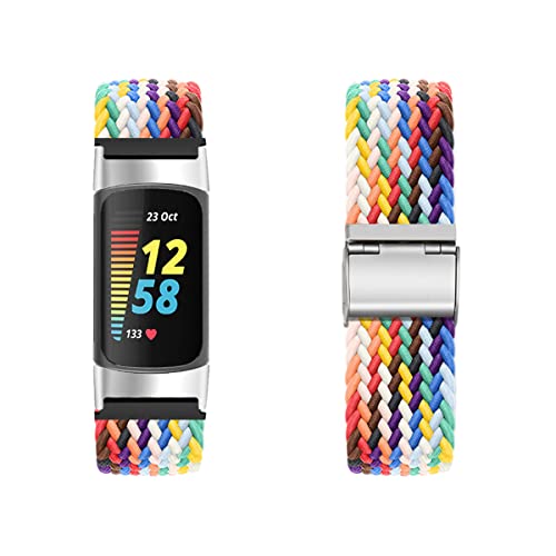 Dehnbarer Wristband für Fitbit Charge 5 Armband, Geflochtenes Nylon Stoff Solo Loop Band für Damen Herren, Verstellbares Ersatzarmband Kompatibel mit Fitbit Charge 5 (15) von SABSEN