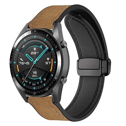 Magnetische Leder Armband für Huawei Watch GT 2 46mm Armbänder, 22MM Magnetische Leder Silikon Hybrid Ersatzarmband Kompatibel mit Armbänder Huawei Watch GT 2 46mm (D) von SABSEN