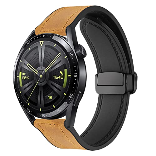 Magnetische Leder Armband für Huawei Watch GT3 46mm Armbänder, Magnetische Leder Silikon Hybrid Ersatzarmband Kompatibel mit Armbänder Huawei Watch GT3 46mm (H) von SABSEN