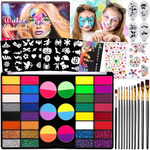 SACBRZZ Kinderschminke Set, 44 Farben Kinderschminke Halloween mit 11 Make-up-Pinsel, 8 Schablonen, 2 Diamantaufkleber, BodyPaint Schminke Kinder, Halloween Schminke Set für Kinder und Erwachsene von SACBRZZ
