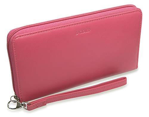 SADDLER Luxurious Real Leather Long Zip Round Ladies Purse Wallet Clutch for Phone, Credit Cards and Notes | Detachable Wrist Strap | RFID Protected | Gift Boxed - Fuchsia SADDLER Luxurious Real Leather Long Zip Round Ladies Purse Wallet Clutch for Phone, Credit Cards and Notes | Detachable Wrist Strap | RFID Protected | Gift Boxed - Fuchsia von SADDLER