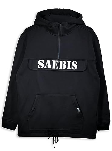 SAEBIS Classic Damen Oversized Hoodie mit Bauchtasche & Brusttasche mit Klettverschluss + Reißverschluss, Saum & Kapuze mit Tunnelzug (as3, Alpha, l, Regular, Regular, Schwarz) von SAEBIS