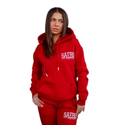 SAEBIS Damen Hoodie mit Stickerei, Herbst Winter Pullover mit Kapuze und Kängurutasche, rot XS von SAEBIS
