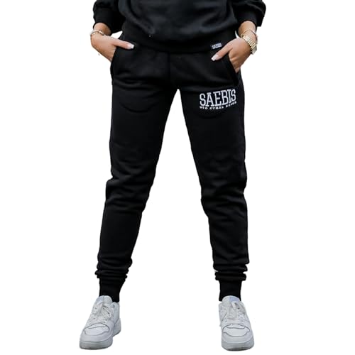 SAEBIS Damen Jogginghose mit Stickerei, Trainingshose, Sporthose, Jogger aus Baumwolle mit Reißverschlusstaschen, schwarz XS von SAEBIS