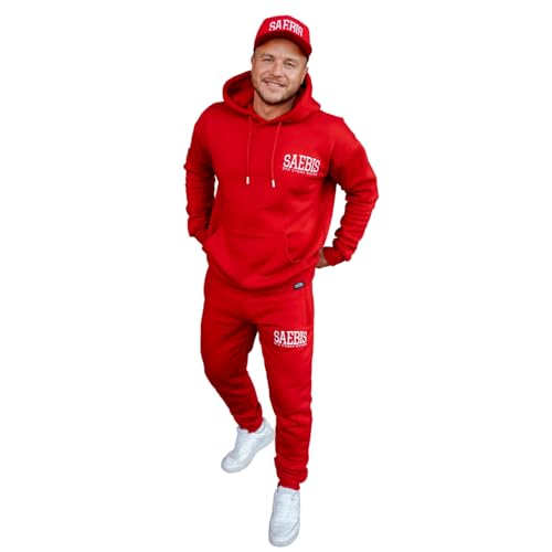 SAEBIS Herren Hoodie mit Stickerei, Herbst Winter Pullover mit Kapuze und Kängurutasche, rot S von SAEBIS