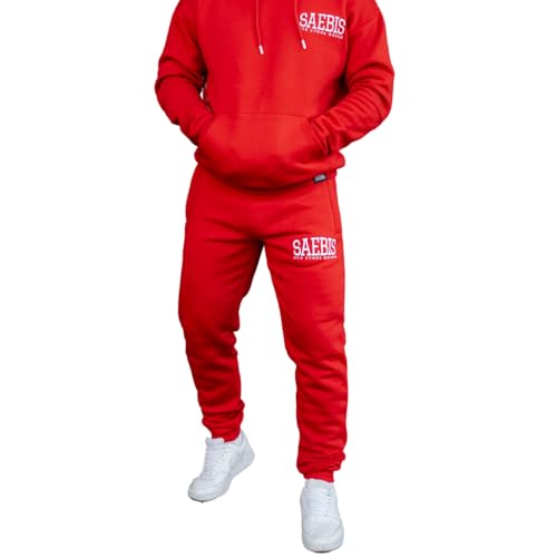 SAEBIS Herren Jogginghose rot mit Stickerei, Trainingshose, Sporthose, Jogger aus Baumwolle mit Reißverschlusstaschen XXL von SAEBIS