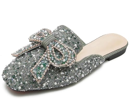 SAFECAMS Damen Strass Schleife Flache Pantoletten Bequeme Quadratische Zehenpartie Slip on Penny Loafers Damen Baotou Clogs Half Slides Pantoletten, Green-b, 39.5 EU von SAFECAMS