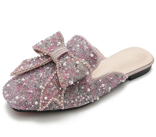 SAFECAMS Damen Strass Schleife Flache Pantoletten Bequeme Quadratische Zehenpartie Slip on Penny Loafers Damen Baotou Clogs Half Slides Pantoletten, Pink-a, 38 EU von SAFECAMS