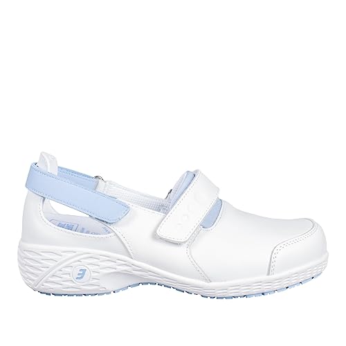 SAFETY JOGGER Sicherheitsschuhe Damen 37 EU - Samantha - Leichte, Bequemer Sicherheitsclog, Klettverschluss Leder Arbeitsschuh, ideal für Pflege oder Reinigung, Oxypas, Weiß Blau von SAFETY JOGGER