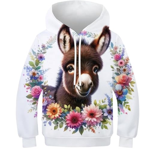 SAFGTXHTR Kinder Esel Hoodie 3D Lustig GedrucKt Lovely Kapuzenpullover Langarm Kapuzenpulli Leichte Lovely Sweatshirt Für Jungen Mädchen Mit Tasche Alter 6-15 von SAFGTXHTR