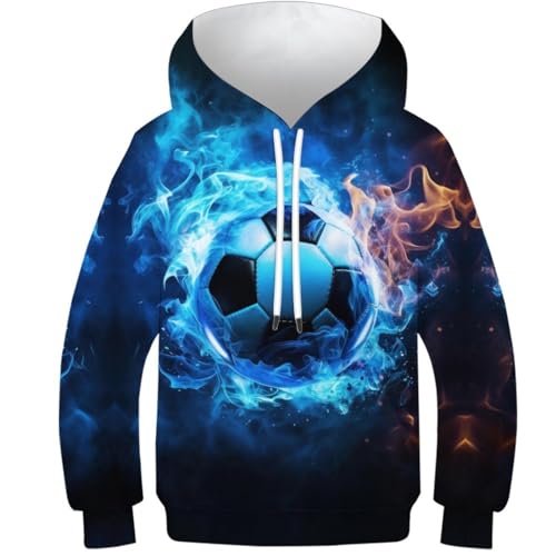 SAFGTXHTR Kinder Football Hoodie 3D Lustig GedrucKt Sport Kapuzenpullover Langarm Pullover Fußball Hoodies Leichte Sweatshirt Für Jungen Mädchen Mit Kängurutasche Für 6-15 Jahre von SAFGTXHTR