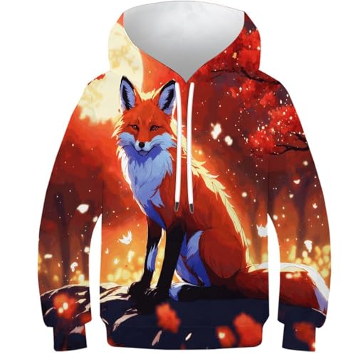 SAFGTXHTR Kinder Fuchs Hoodie 3D Lustig GedrucKt Tier Kapuzenpullover Langarm Pullover Wildtiere Hoodies Personalisierte Sweatshirt Für Jungen Mädchen Mit Tasche Für 6-15 Jahre von SAFGTXHTR