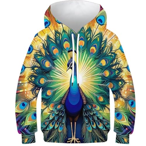 SAFGTXHTR Kinder Pfau Hoodie 3D Lustig GedrucKt Kapuzenpullover Langarm Pullover Hoodies Personalisierte Sweatshirt Für Jungen Mädchen Mit Kängurutasche Alter 6-15 von SAFGTXHTR