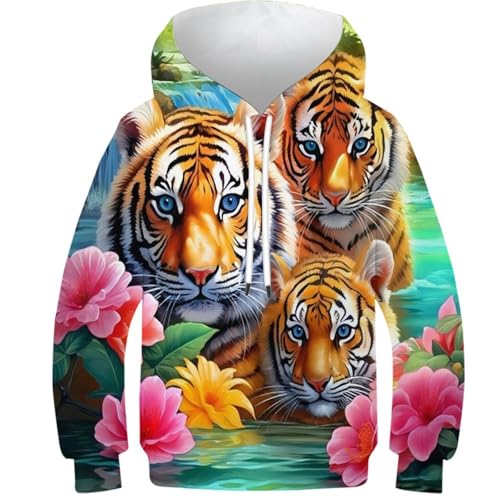 SAFGTXHTR Kinder Tiger Hoodie 3D Lustig GedrucKt Kapuzenpullover Langarm Pullover Hoodies Personalisierte Sweatshirt Für Jungen Mädchen Mit Tasche Alter 6-15 von SAFGTXHTR