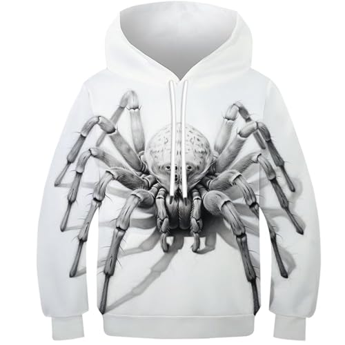 SAFGTXHTR Kinder White Spinne Hoodie 3D Lustig GedrucKt Kapuzenpullover Langarm Pullover Hoodies Leichte Sweatshirt Für Jungen Mädchen Mit Tasche Für 6-15 Jahre von SAFGTXHTR