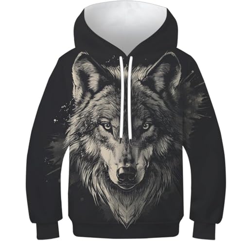 SAFGTXHTR Kinder Wolf Hoodie 3D Lustig GedrucKt Kapuzenpullover Langarm Kapuzenpulli Leichte Sweatshirt Für Jungen Mädchen Mit Tasche Für 6-15 Jahre von SAFGTXHTR