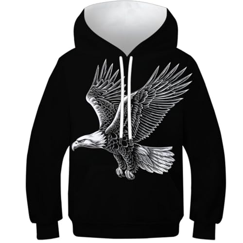SAFGTXHTR Unisex Kinder Adler Hoodie 3D Lustig GedrucKt Bird Kapuzenpullover Langarm Pullover Animal Hoodies Leichte Sweatshirt Für Jungen Mädchen Mit Tasche Für 6-15 Jahre von SAFGTXHTR