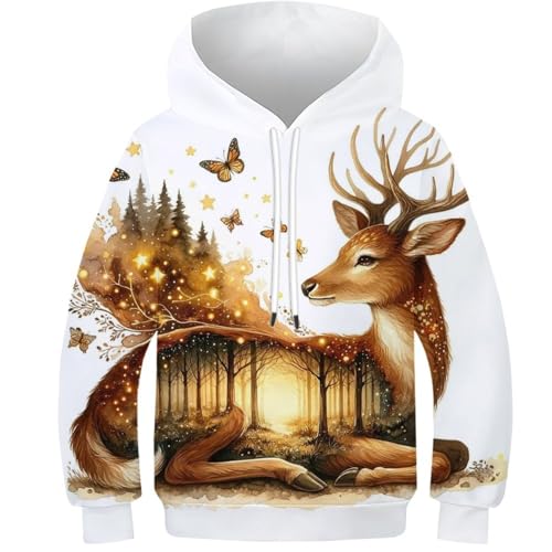 SAFGTXHTR Unisex Kinder Elch Hoodie 3D Lustig GedrucKt Lovely Kapuzenpullover Langarm Pullover Lovely Hoodies Personalisierte Sweatshirt Für Jungen Mädchen Mit Kängurutasche Für 6-15 Jahre von SAFGTXHTR
