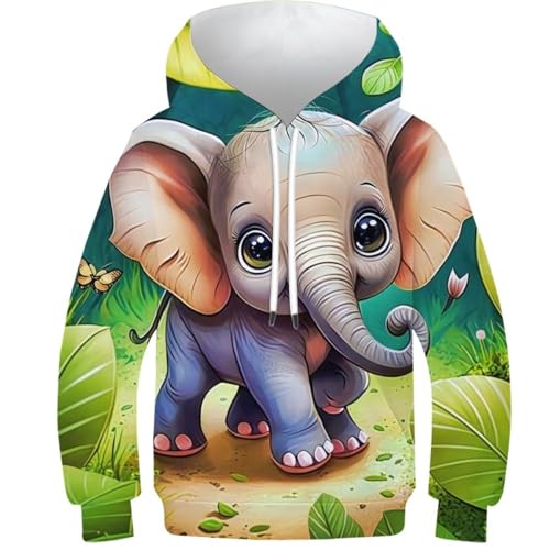 SAFGTXHTR Unisex Kinder Elefant Hoodie 3D Lustig GedrucKt Lovely Kapuzenpullover Langarm Pullover Lovely Hoodies Personalisierte Sweatshirt Für Jungen Mädchen Mit Kängurutasche Für 6-15 Jahre von SAFGTXHTR