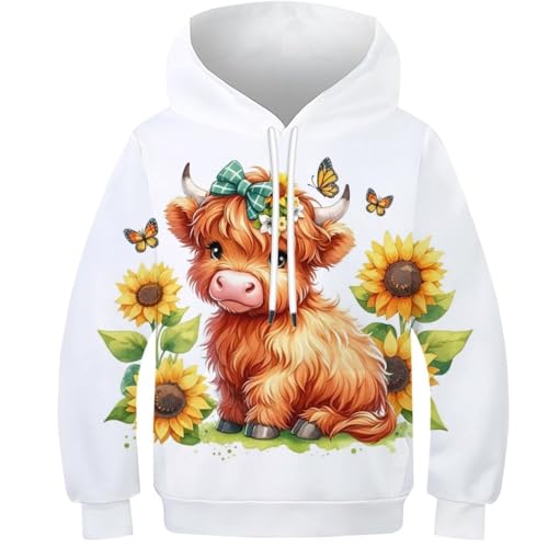 SAFGTXHTR Unisex Kinder Hochlandrind Hoodie 3D Lustig GedrucKt Lovely Kapuzenpullover Langarm Pullover Lovely Hoodies Personalisierte Sweatshirt Für Jungen Mädchen Mit Tasche Alter 6-15 von SAFGTXHTR
