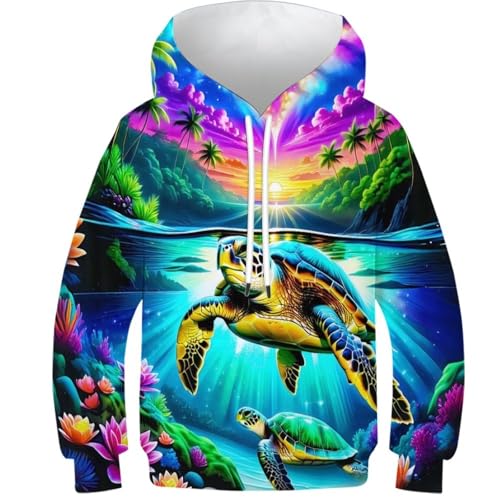 SAFGTXHTR Unisex Kinder Schildkröte Hoodie 3D Lustig GedrucKt Kapuzenpullover Langarm Pullover Hoodies Personalisierte Sweatshirt Für Jungen Mädchen Mit Kängurutasche Alter 6-15 von SAFGTXHTR