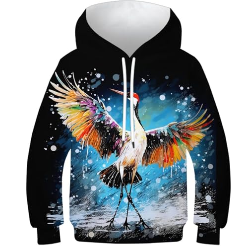 SAFGTXHTR Unisex Kinder Weißer Kranich Hoodie 3D Lustig GedrucKt Kapuzenpullover Langarm Pullover Hoodies Leichte Sweatshirt Für Jungen Mädchen Mit Tasche Alter 6-15 von SAFGTXHTR