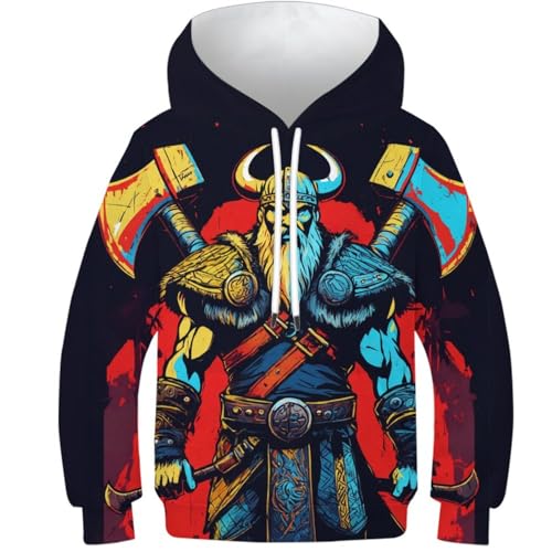 SAFGTXHTR Unisex Kinder Wikinger Hoodie 3D Lustig GedrucKt mythisch Kapuzenpullover Langarm Pullover Legende Hoodies Personalisierte Sweatshirt Für Jungen Mädchen Mit Kängurutasche Alter 6-15 von SAFGTXHTR