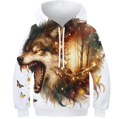 SAFGTXHTR Unisex Kinder Wolf Hoodie 3D Lustig GedrucKt Lovely Kapuzenpullover Langarm Pullover Lovely Hoodies Leichte Sweatshirt Für Jungen Mädchen Mit Kängurutasche Alter 6-15 von SAFGTXHTR