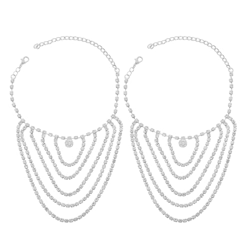SAFIGLE 1 Paar Fußkettchen mit Strasssteinen: Dekorative Fußkettchen aus Metall mit Strasssteinen für Damen – funkelnder mehrlagiger Fußkettchenschmuck mit Quasten – für Sandalen und Sommeroutfits von SAFIGLE