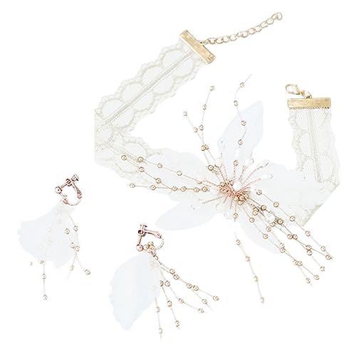 SAFIGLE 1 Satz Ohrhänger Für Damen Brautohrringe Für Die Hochzeit Halsband Für Damen Gothic-spitzenhalsband Mädchen Schmuck Spitzen-kit Perle Halskette Anhänger Brautjungfer Weiß von SAFIGLE