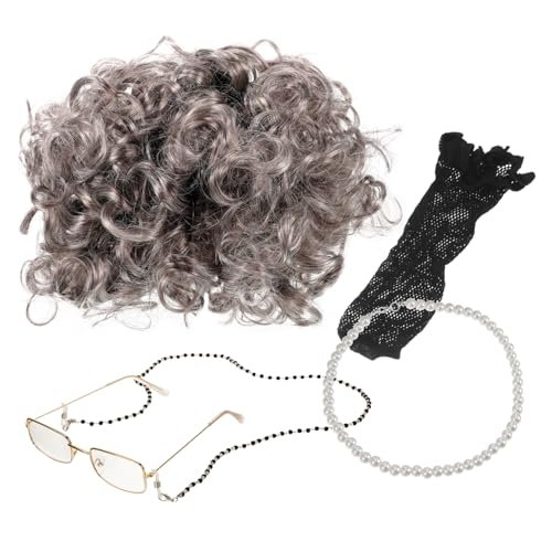 SAFIGLE Perücke Für Ältere Dame Graue Perücke Kostüm Für Ältere Dame Brille Halskette Set Für Großmutter-kostüm Cosplay-requisiten Authentischer Look Bühnenkostüm von SAFIGLE