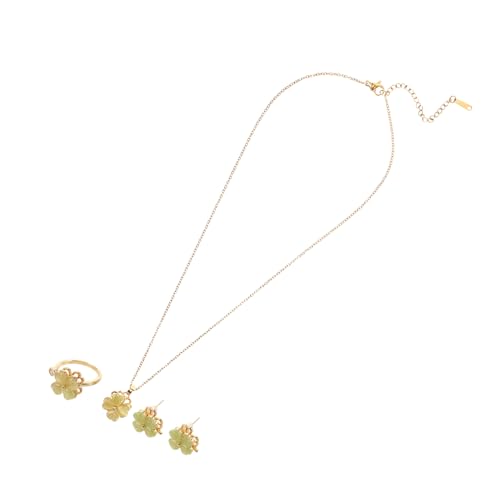 SAFIGLE Schmuckset Für Damen Mit Halskette Ohrringen Und Ring Grünes Vierblatt-design Katzenaugenstein-anhänger Hypoallergen Für Abschlussball Party Alltag von SAFIGLE