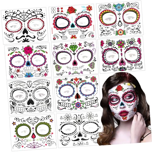 SAFIGLE 10 Blatt Teiliges Halloween Schädel Gesicht Sticker Temporäre Körperkunst Aufkleber Selbstklebend Zufällige Motive für Halloween Party Kostüm und Festivaldekoration von SAFIGLE