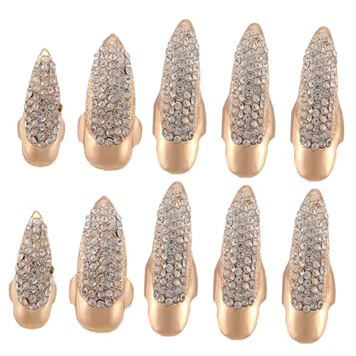 SAFIGLE 10 Stück Teiliges Gothic Punk Krallen Fingerring Verstellbare Goldfarbene Fingerringe mit Funkelnden Kristallsteinen S Bequeme Cosplay Schmuckdekoration für Kostümpartys von SAFIGLE