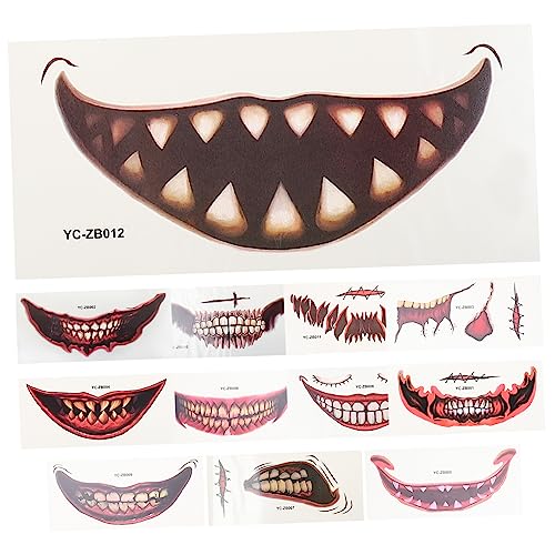 SAFIGLE 12 Sätze Teiliges Halloween Gesichtstattoo Set Gruselige Mund Aufkleber Temporäre Horror Dekals Hautfreundlich Einfach Anzubringen für Halloween und Cosplay Partys von SAFIGLE