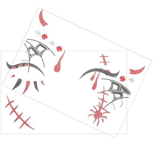 SAFIGLE 2 Blätter Rhinestone Halloween Temporäre Tattoos Hautfreundliche Makeup Aufkleber für Partys Gruselige Designs für Halloween Kostüme und Cosplay Einfach Anzuwenden Verschiedene von SAFIGLE