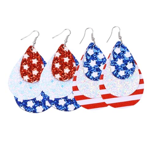 SAFIGLE 2 Paare Damen Ohrringe Independence Day PU Tropfenform Dreilagig Leichte Ohrhänger Schmuck für Frauen Mädchen Ohrornamente von SAFIGLE